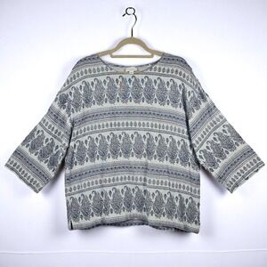 Pure Jill Paisley Print Top Hemp Blend 3/4 Sleeve‎ Relaxed Fit Women's M